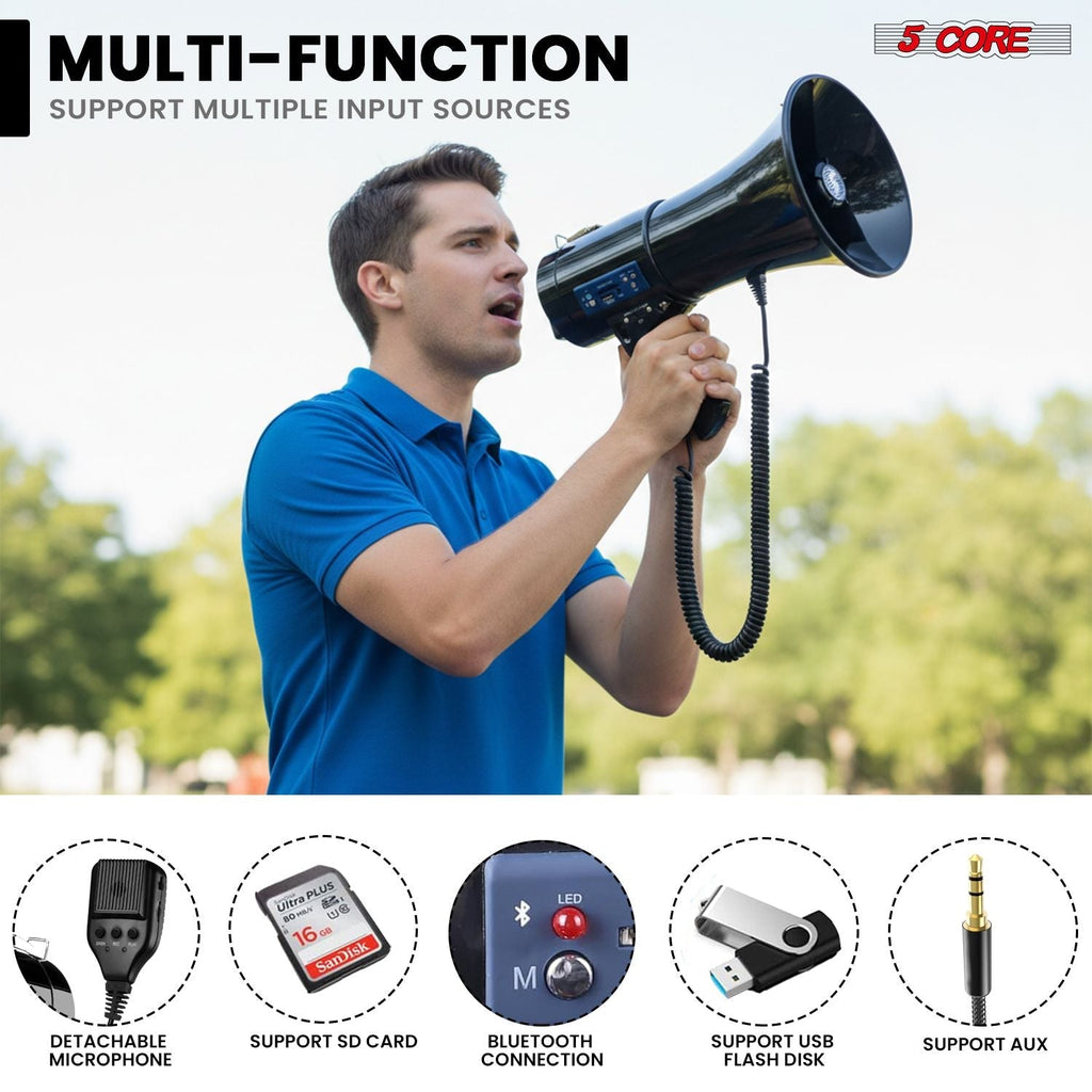 Megaphone 50W Bluetooth Rechargeable Portable Bullhorn 1100 Yards - Matte