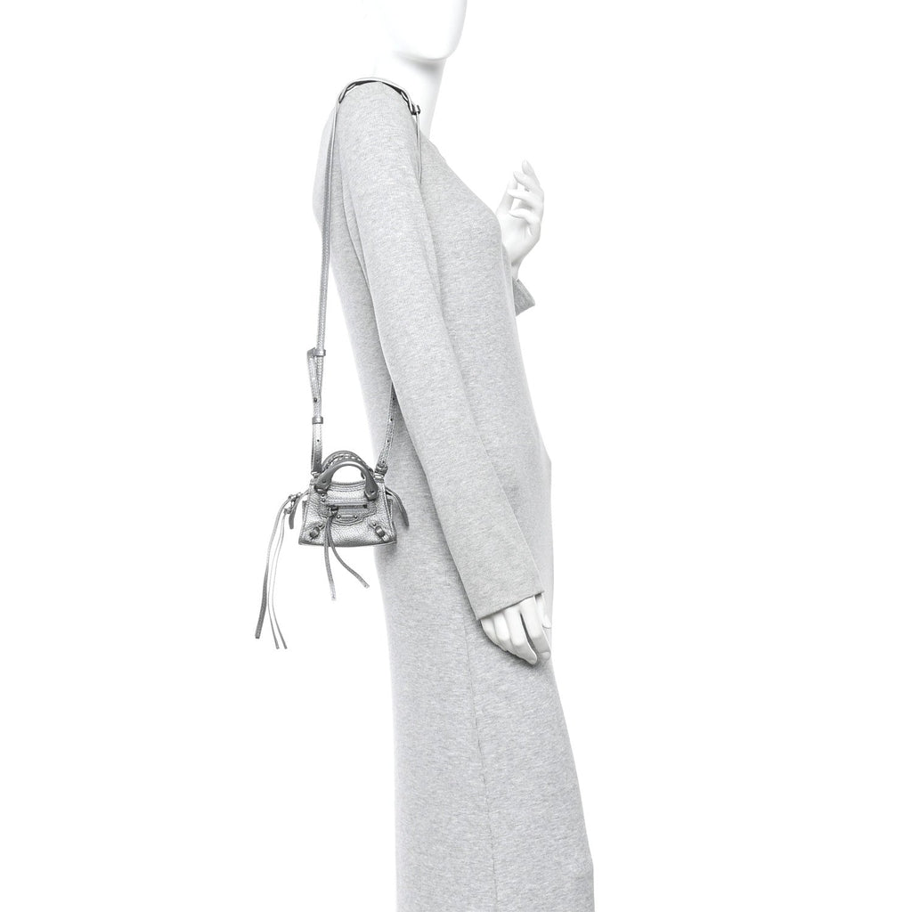 Metallic Grained Calfskin Neo Classic Hardware Super Nano City Crossbody Silver