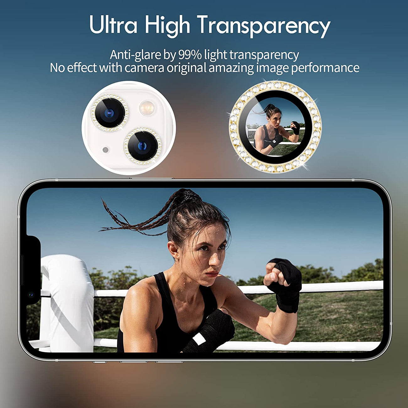 Diamond Camera Lens Protector, Diamond Tempered Glass Camera Cover Screen Protector For Iphone 14 / Iphone 14 Plus In Gold