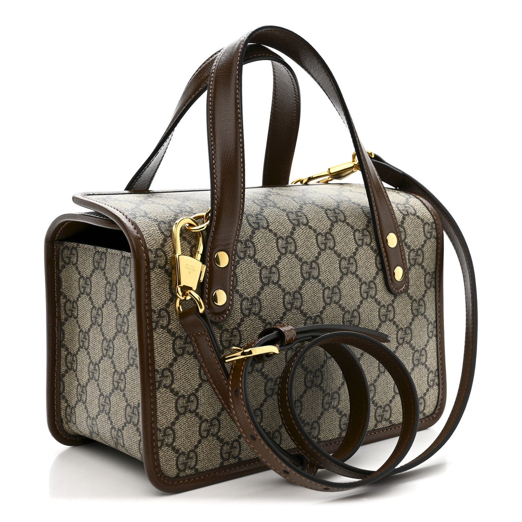 GG Supreme Monogram Azalea Calfskin Mini Horsebit 1955 Foldover Top Handle Bag Beige Ebony Brown Sugar