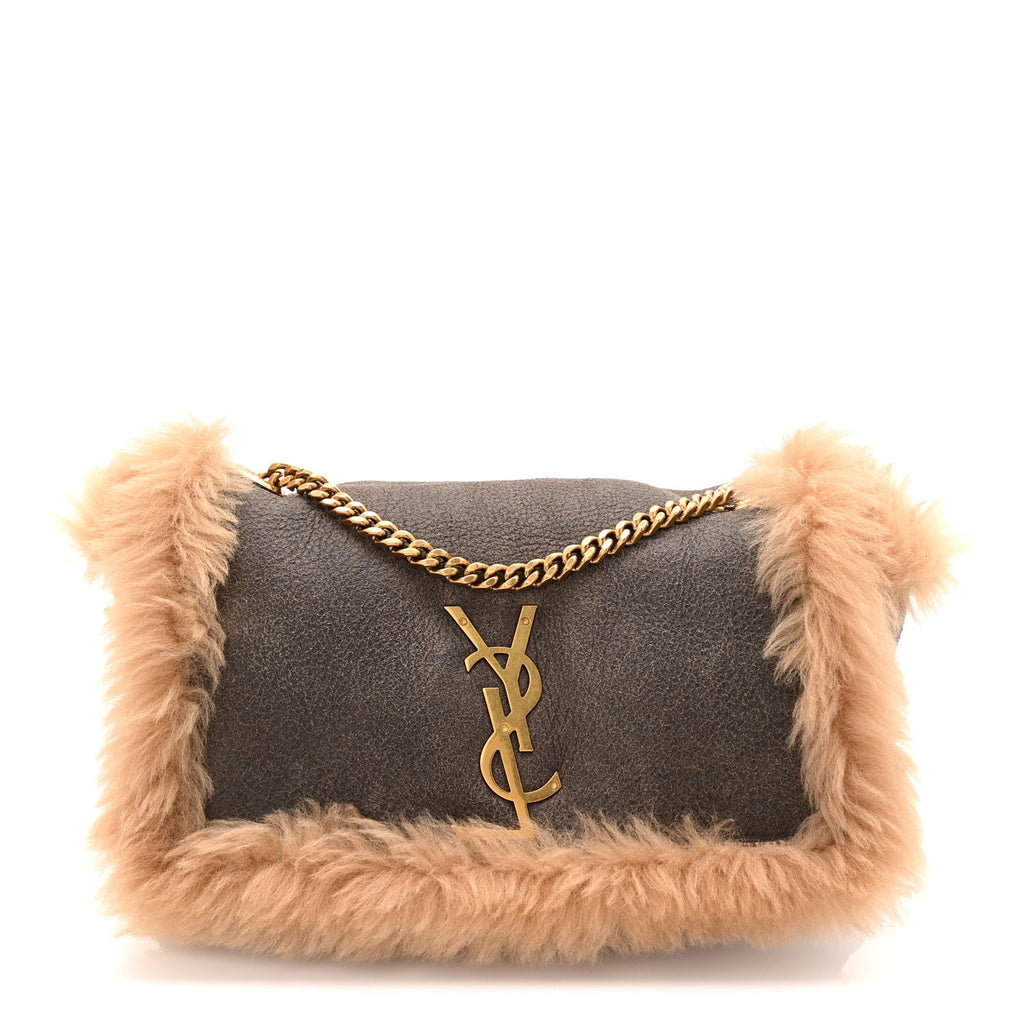 Shearling Calfskin Small Reversible Monogram Kate Satchel Ecru Dark Brown