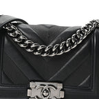 Calfskin Perforated Chevron Quilted Small Boy Flap Black