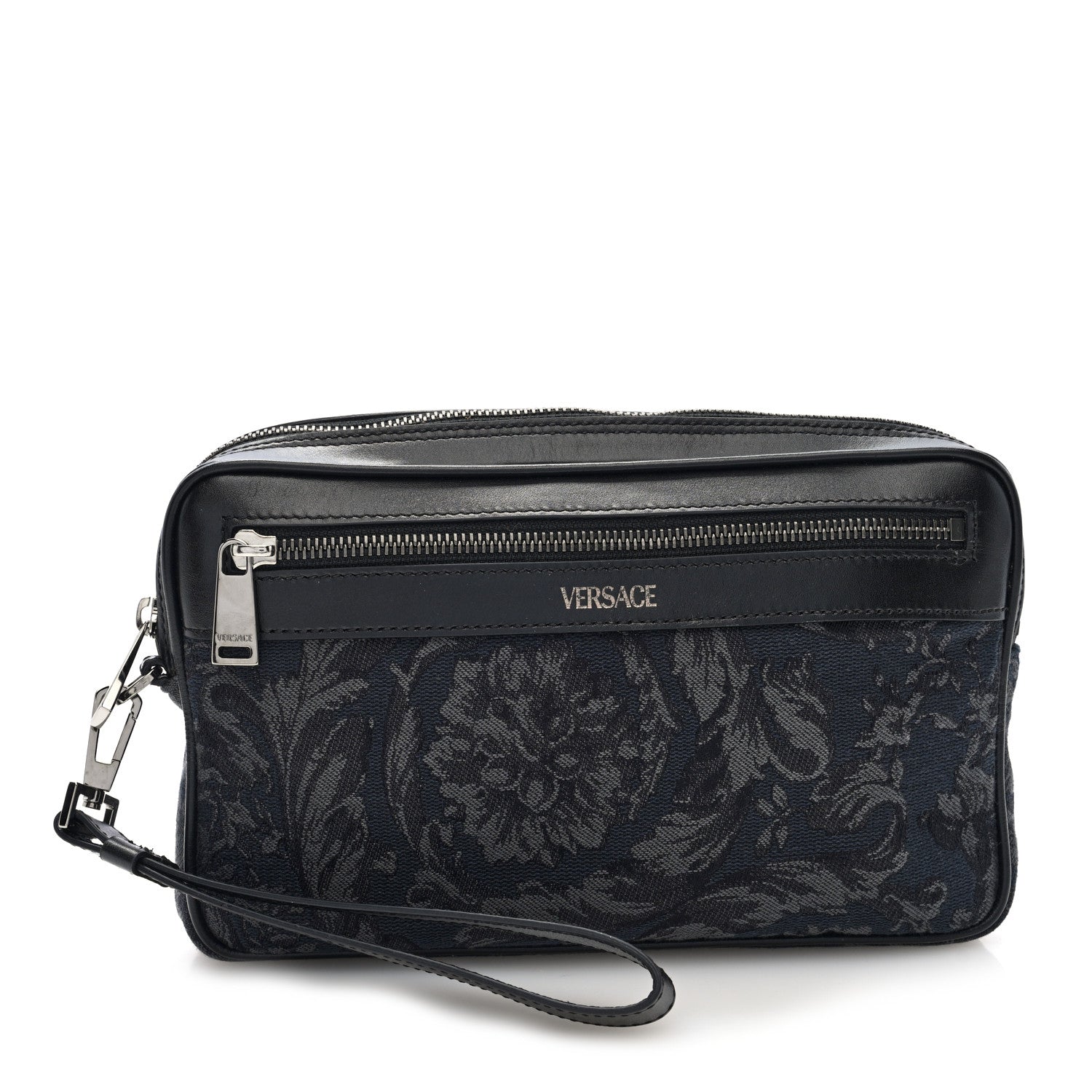 Fabric Jacquard Calfskin Barocco Wristlet Pouch Black