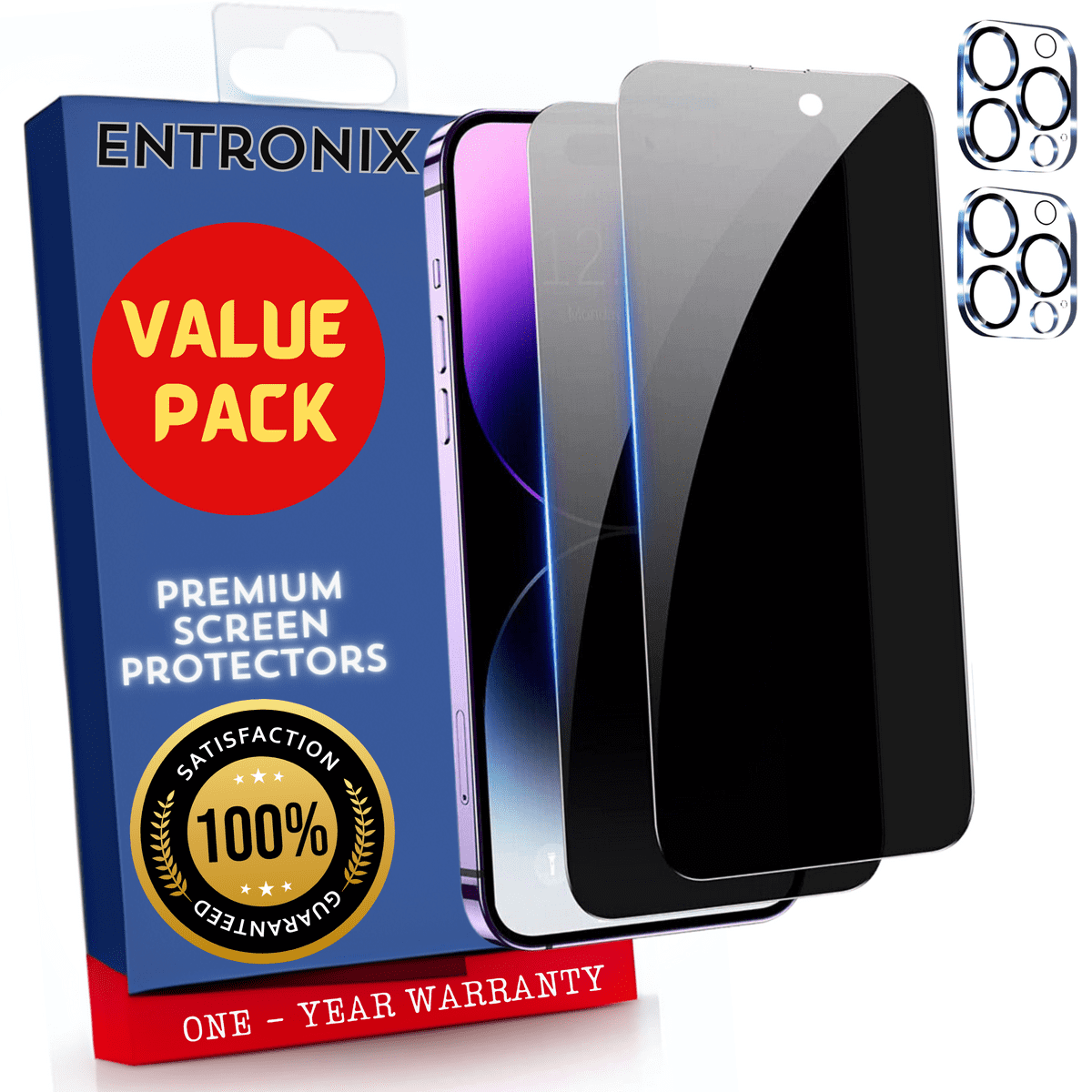 Entronix Anti-Spy Privacy Screen Protector & Camera Lens Protector Compatible with iPhone 15 Pro - 4-Piece Combo