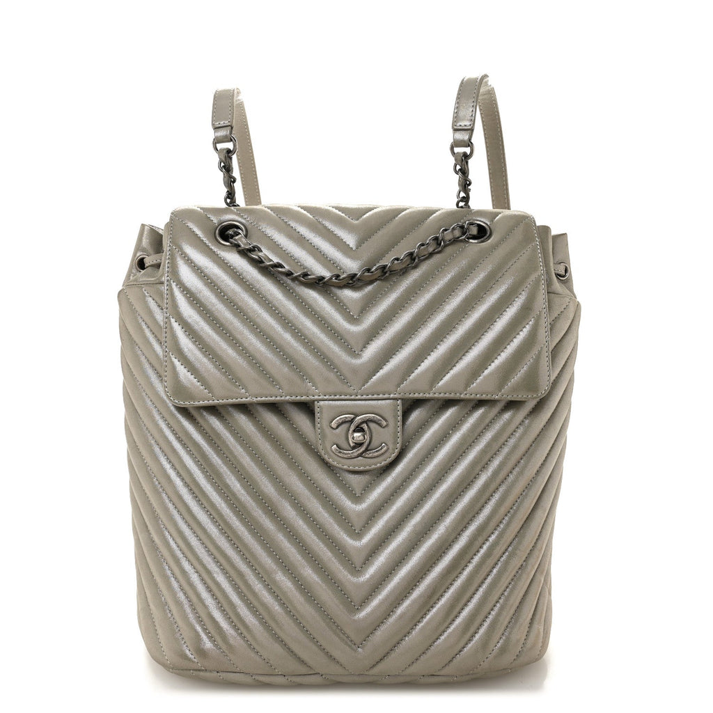 Iridescent Calfskin Chevron Quilted Small Urban Spirit Backpack Silver