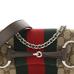 Monogram Textured Dollar Calfskin Heavy Grosgrain Web Medium Maxi Horsebit Chain Shoulder Bag Beige Ebony New Acero