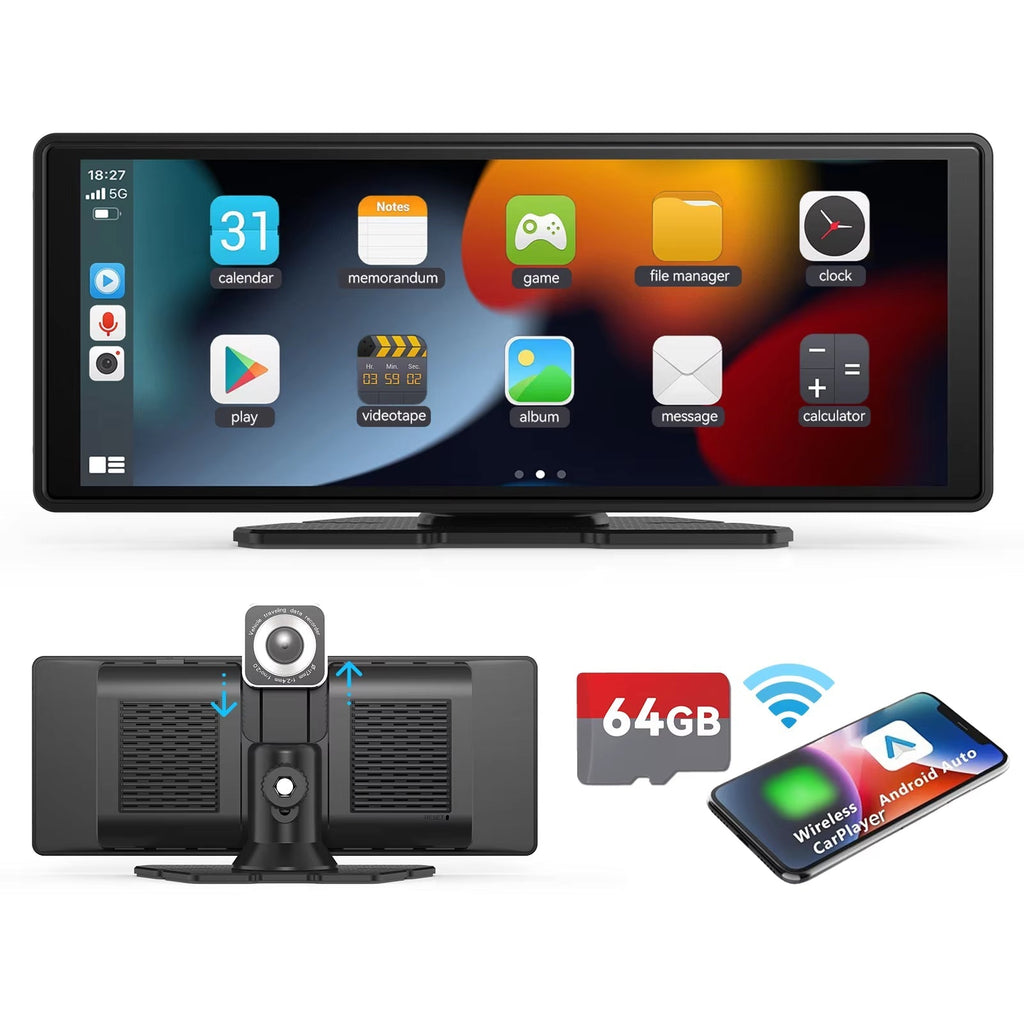 Portable Wireless CarPlay Car Stereo with 10.26" HD Touchscreen, Android Auto, Mirror Link with  Backup Camera