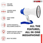5 Core Megaphone 30W Bull Horn PA Speaker w 800 Yards Range USB Loud Siren Voice Amplifier Portable