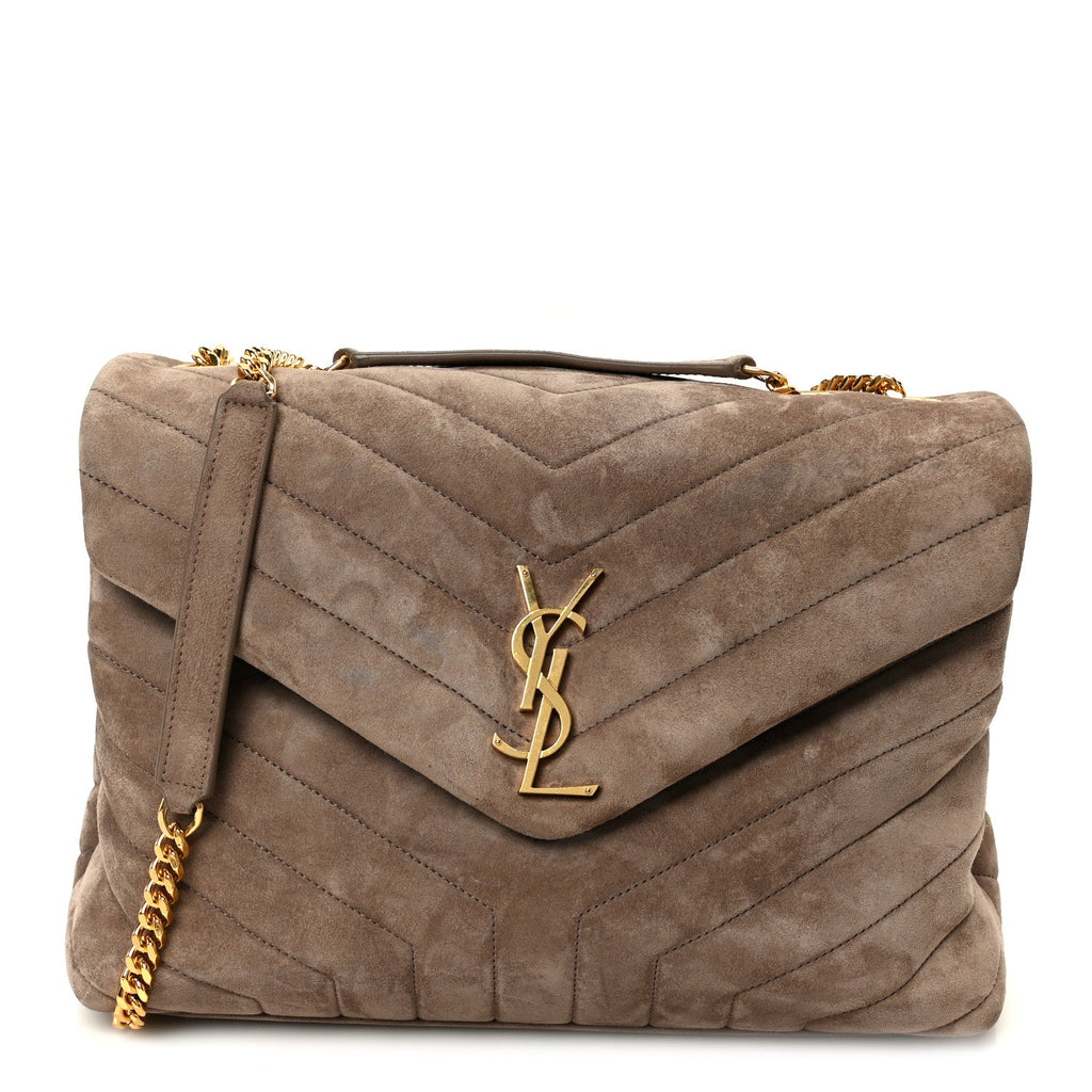 Suede Y Quilted Monogram Medium Loulou Chain Satchel Taupe