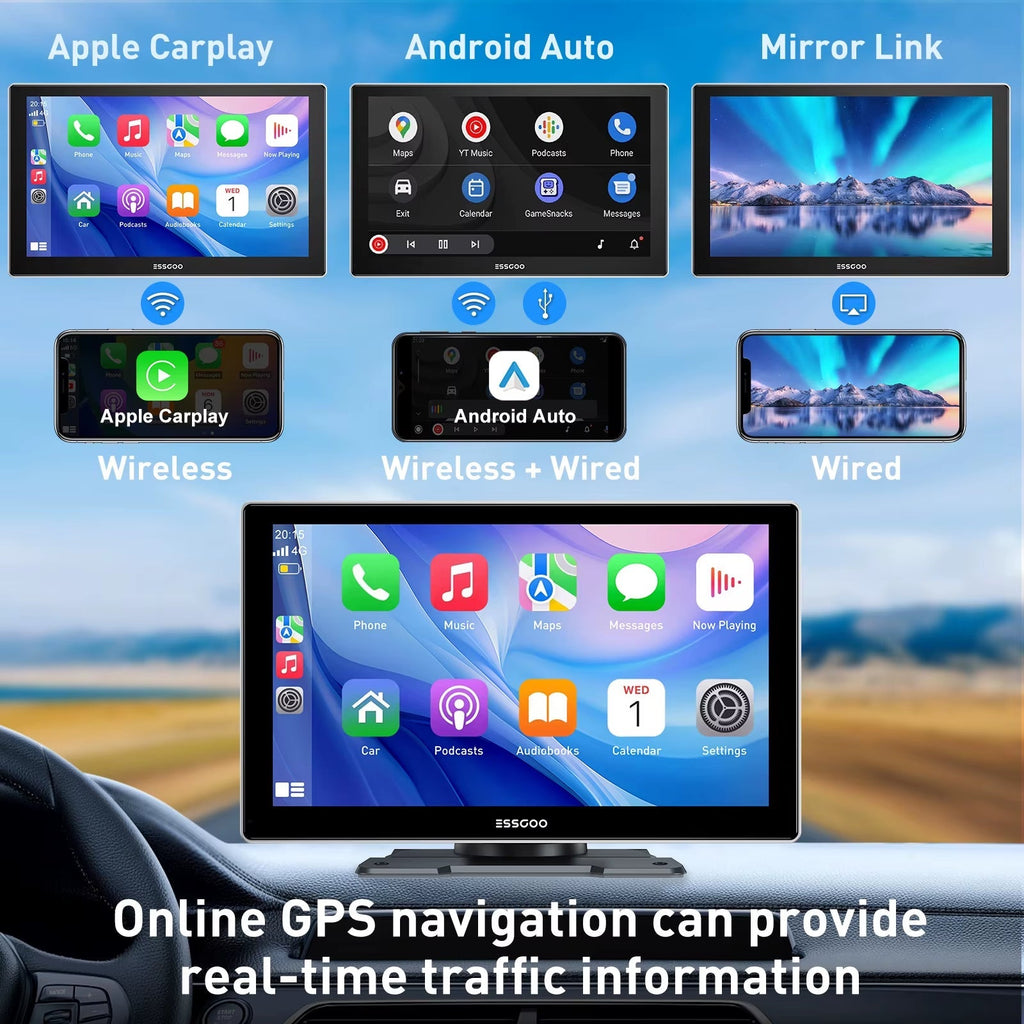 9-Inch Touchscreen Portable Car Stereo with Wireless Apple CarPlay, Android Auto, USB, TF, Bluetooth, and Mirror Link Functionality with 64gb Tf Card