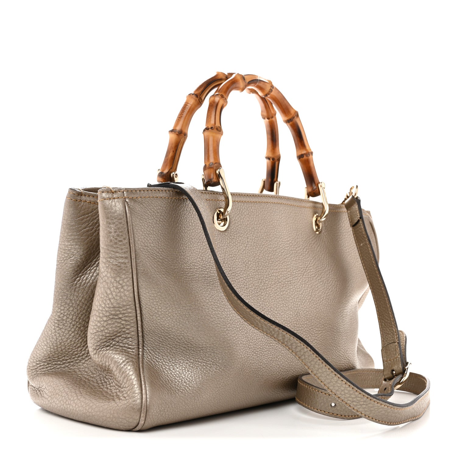 Metallic Pebbled Calfskin Medium Bamboo Shopper Tote Golden Beige