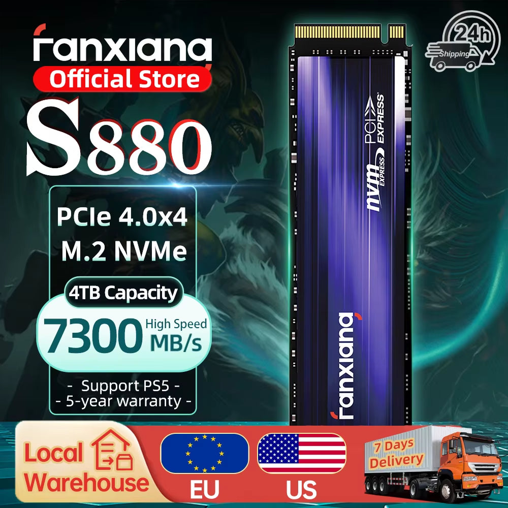 Fanxiang S880 M.2 NVMe SSD - 1TB with Heatsink Internal Solid State Drive with 7300MB/s Speed for PS5 and Laptops