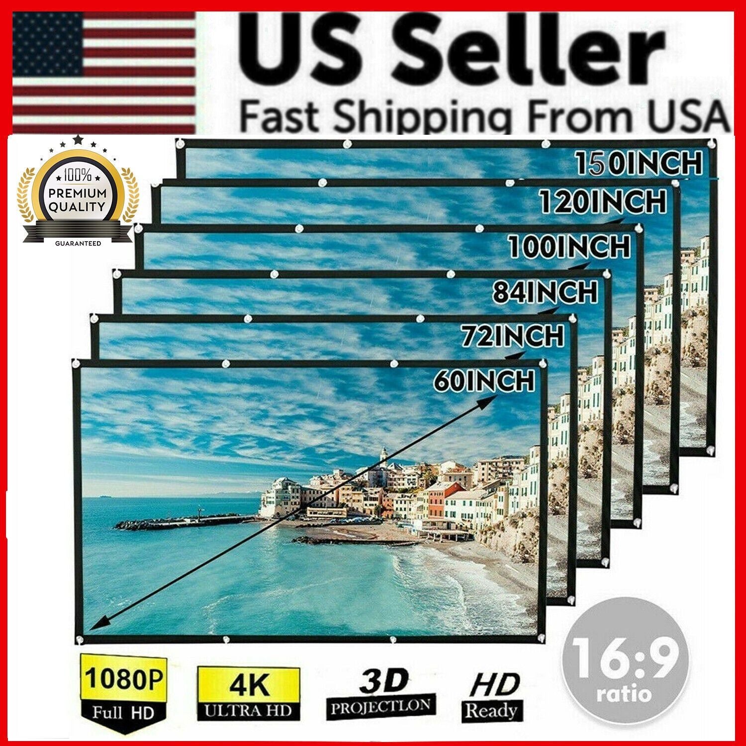 Portable Foldable Projector Screen 16:9 HD Outdoor Home Cinema Theater 3D Movie - 150 in