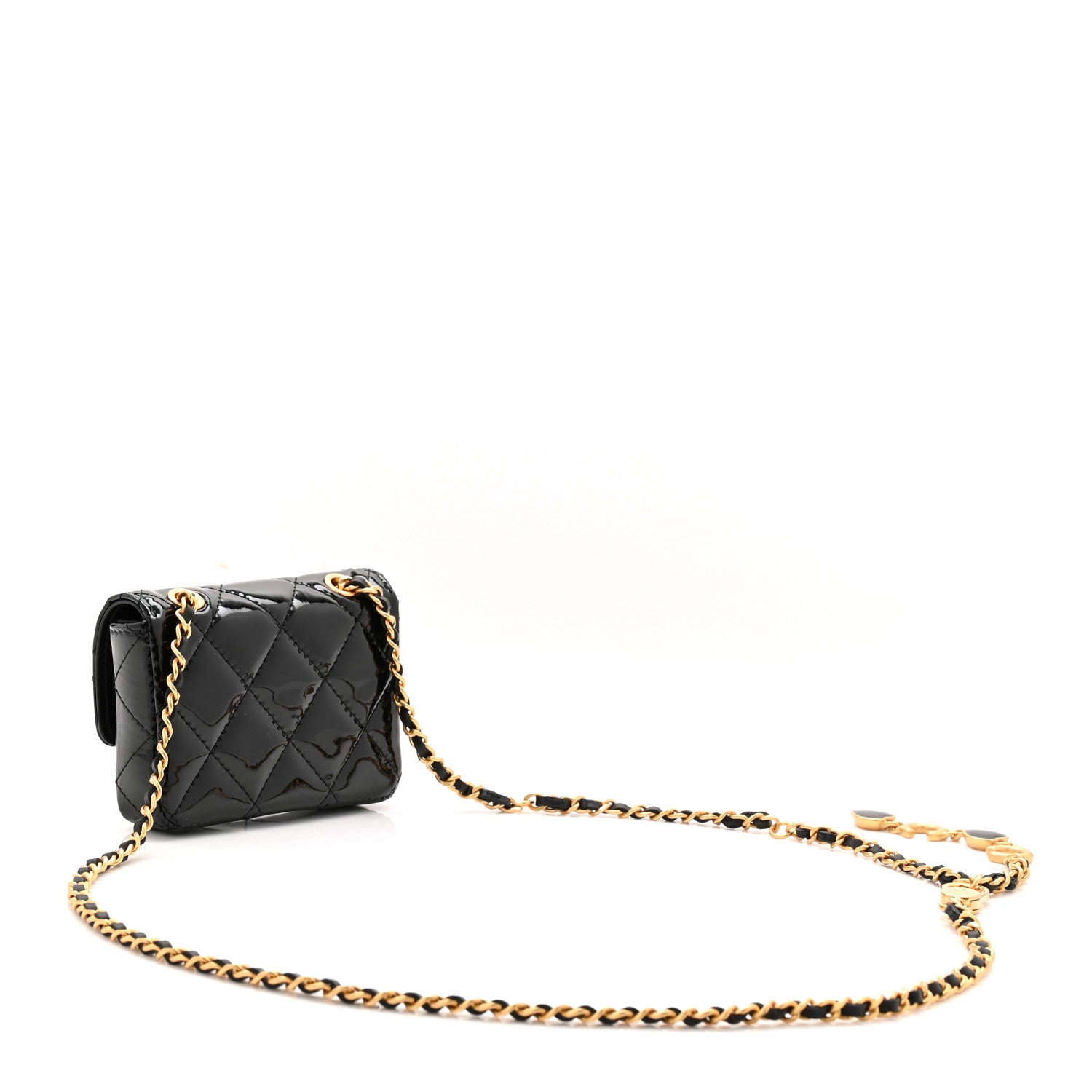 Patent Enamel Quilted Coco Hearts Clutch With Chain Black