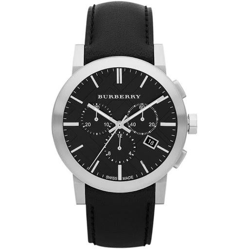 Mens City Men's Black Leather Strap Chronograph Silver 42mm Watch