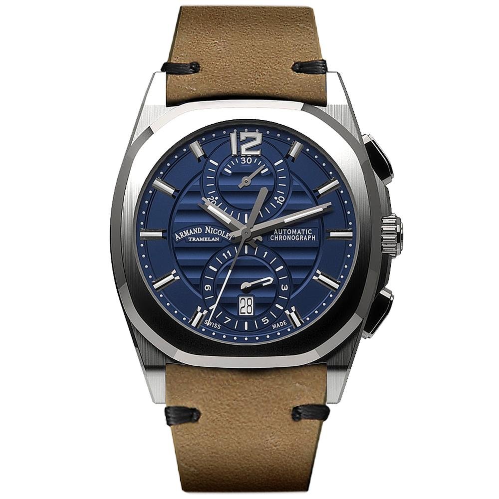 Armand Nicolet Men's Chronograph Watch J09-3 Brown Leather Blue