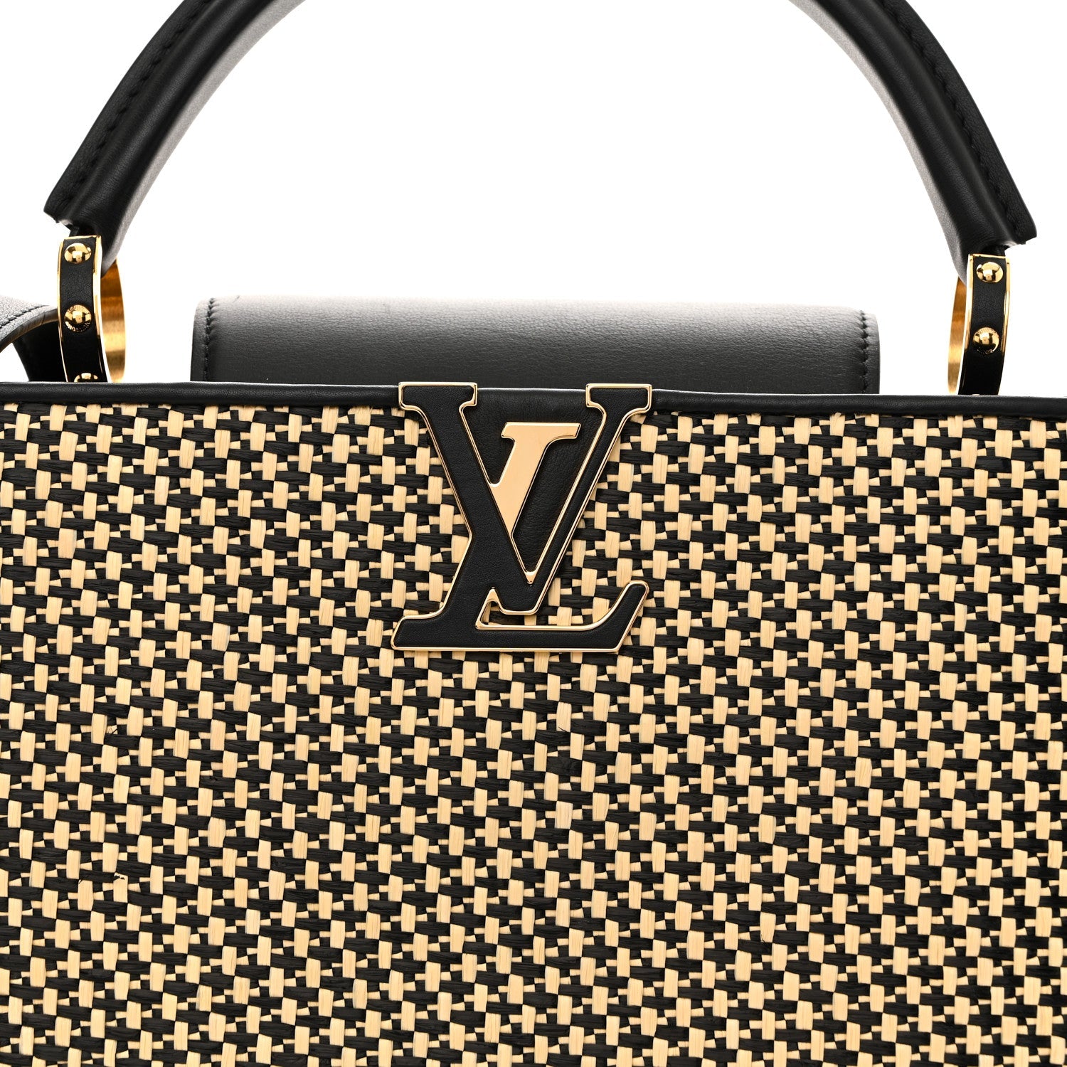 Raffia Calfskin Capucines MM Black Ecru