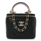 Lambskin Quilted Top Handle Mini Vanity Case With Chain Black Pink