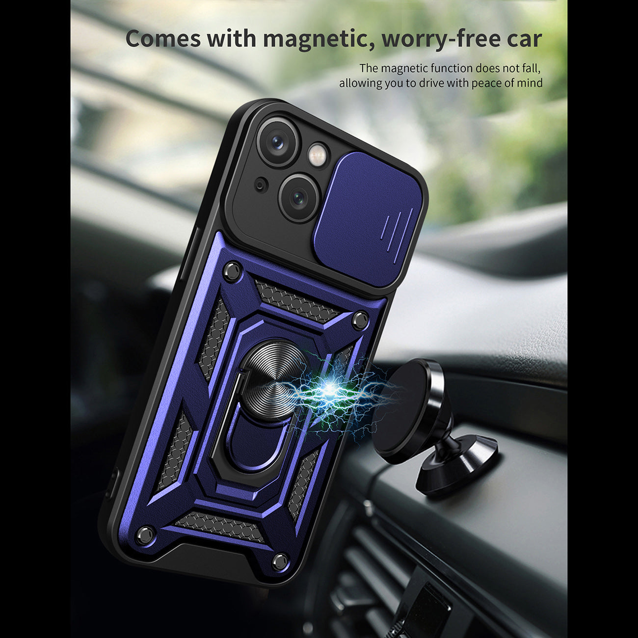 Kickstand Ring Holder With Slide Camera Cover Tpu Magnetic Car Mount For Apple Iphone 15 Plus In Blue