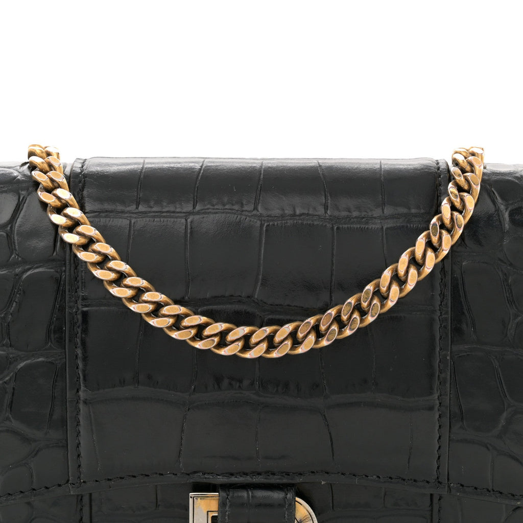 Shiny Calfskin Crocodile Embossed Hourglass Chain Bag Black