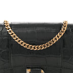 Shiny Calfskin Crocodile Embossed Hourglass Chain Bag Black