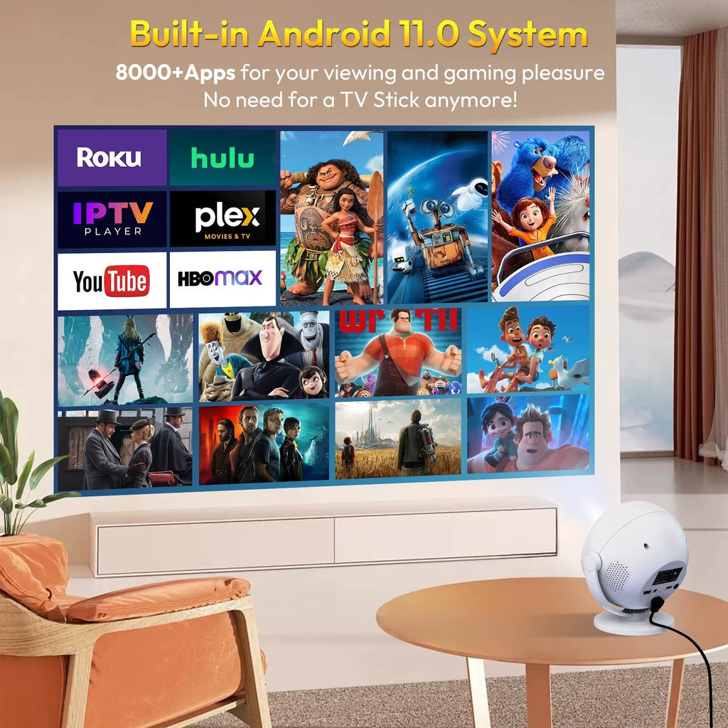350 ANSI Lumens 4K Portable Android Projector with Native 720P, WiFi 6, Bluetooth, 50% Zoom, and Electric Focus for Home Theater