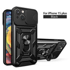 Kickstand Ring Holder With Slide Camera Cover Tpu Magnetic Car Mount For Apple Iphone 15 Plus In Black