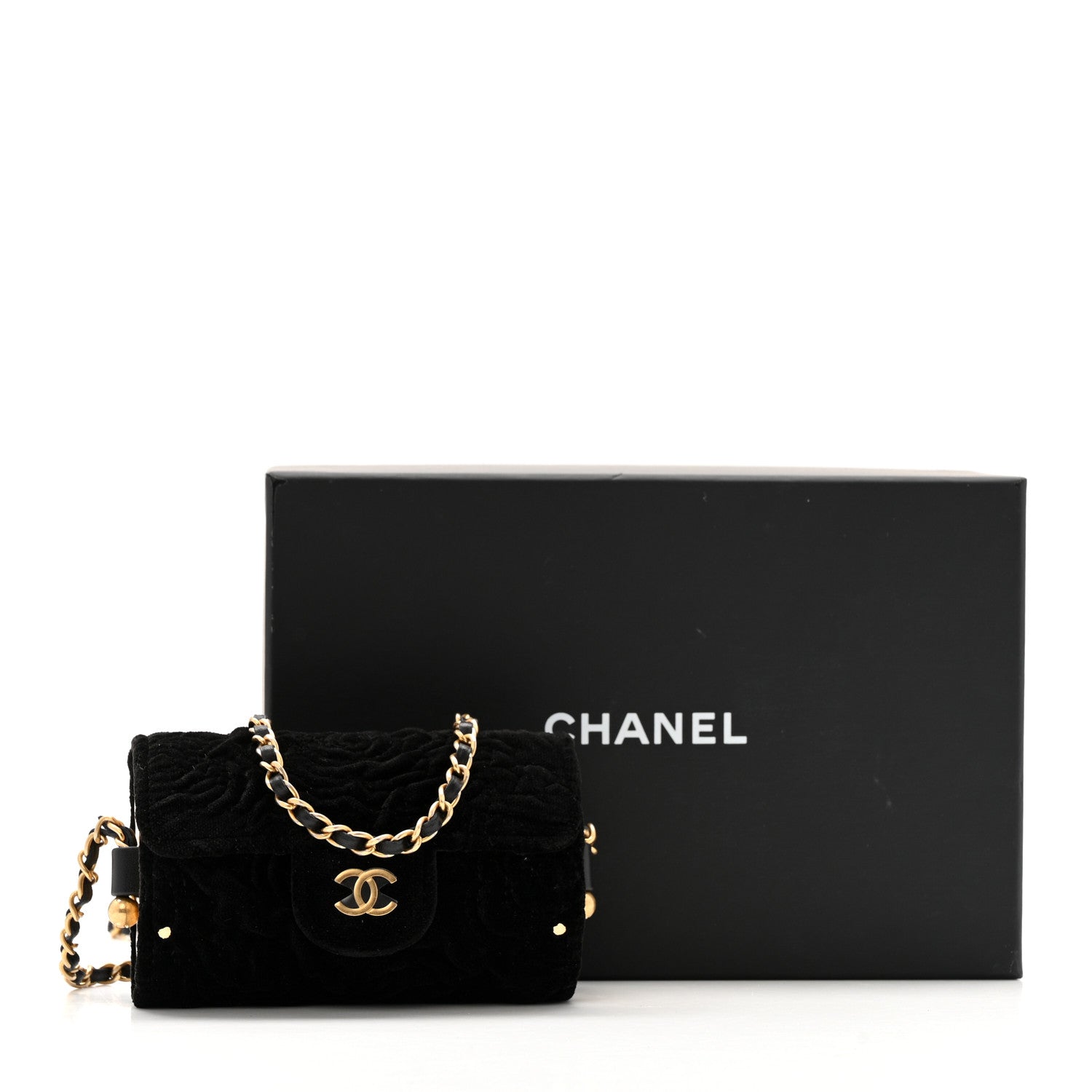 Velvet Camellia Embossed Jewel Belt Card Holder With Chain Black
