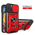 Kickstand Ring Holder With Slide Camera Cover Tpu Magnetic Car Mount For Apple Iphone 15 In Red