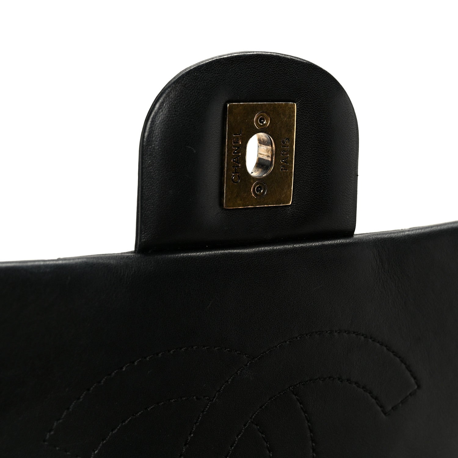 Glazed Calfskin Quilted Large Gold Bar Top Handle Flap Black