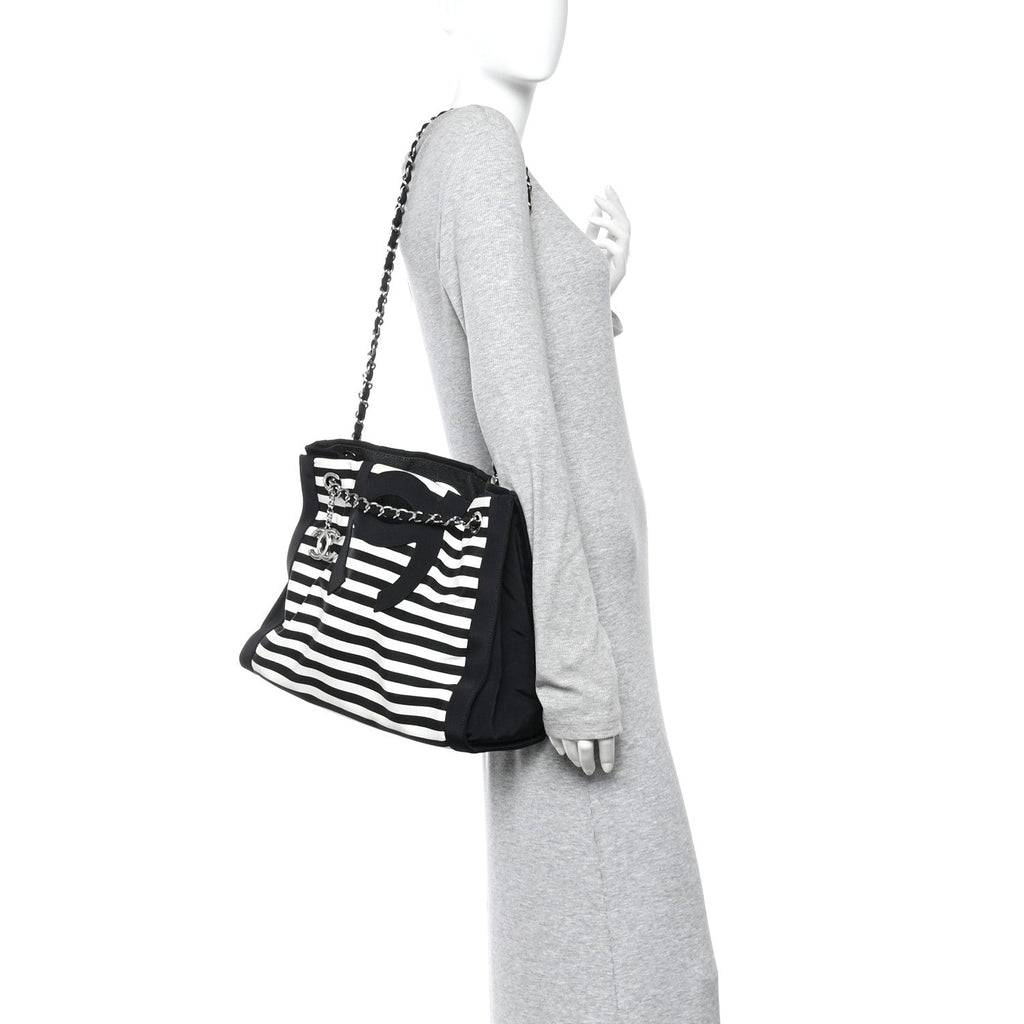 Canvas Grosgrain Striped CC Shopping Tote Black White