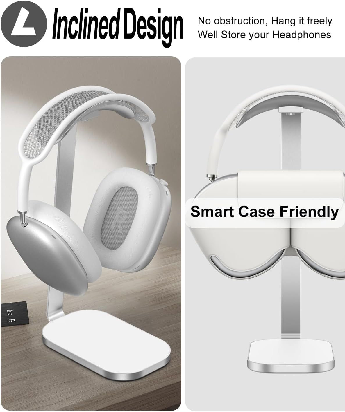 Headphone Stand for AirPods Max, Headset Holder with Aluminum Supporting Rod, Heavy Base Desk Stand Headphones Support Accessory for All Headphones - Silver White