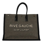Embroidered Cotton Linen Rive Gauche Noe Tote Black Beige