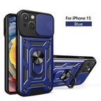 Kickstand Ring Holder With Slide Camera Cover Tpu Magnetic Car Mount For Apple Iphone 15 In Blue