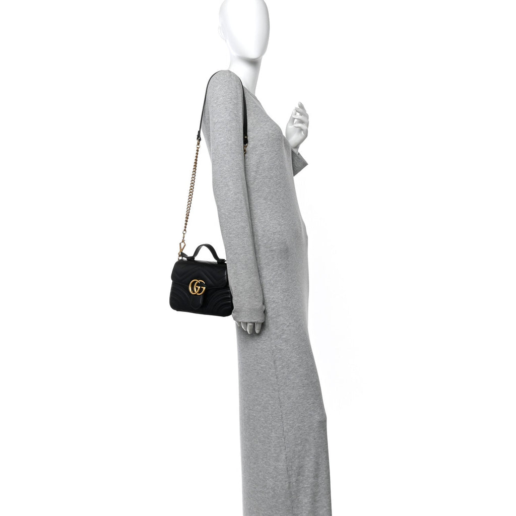 Calfskin Matelasse Mini GG Marmont Top Handle Shoulder Bag Black