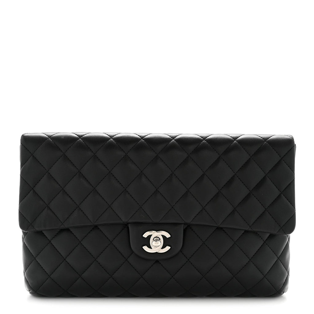 Lambskin Quilted Flap Clutch Black
