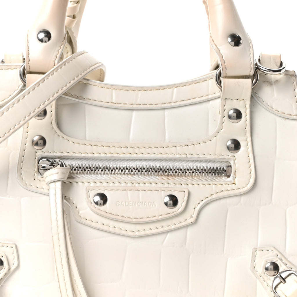 Semi Shiny Calfskin Crocodile Embossed Neo Classic Silver Hardware Nano City Crossbody White