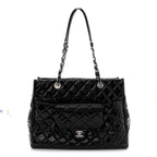 Patent Quilted Large Coco Shine Shopping Tote Black