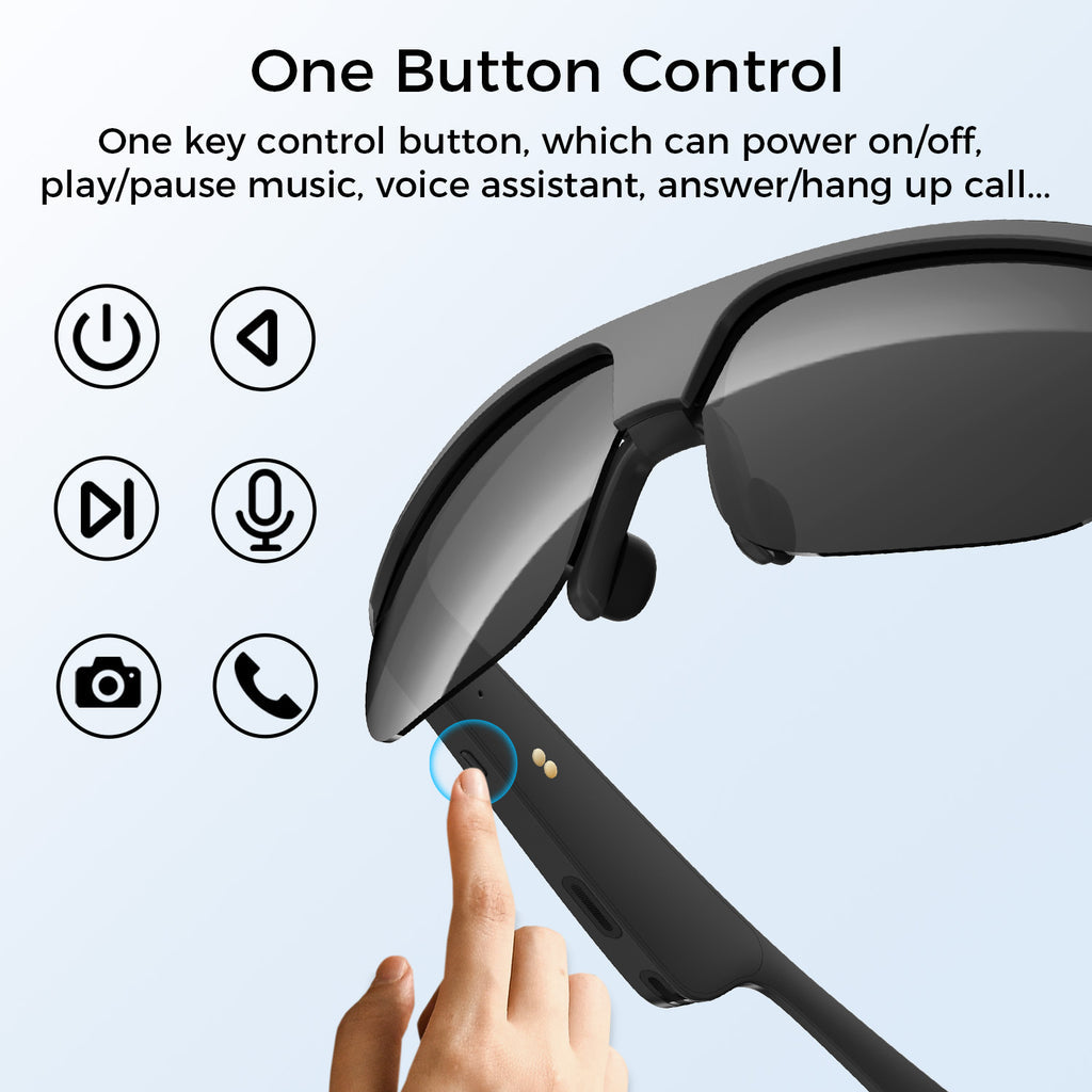 Polarized Bluetooth Smart Glasses with Built-in Mic, Open-Ear Audio, IP65 Waterproof & 5-Hour Battery - Black