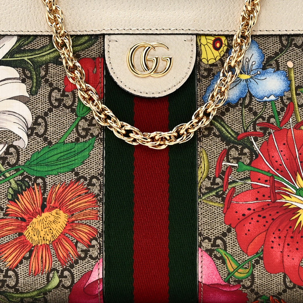 GG Supreme Monogram Flora Web Small Ophidia Chain Shoulder Bag White