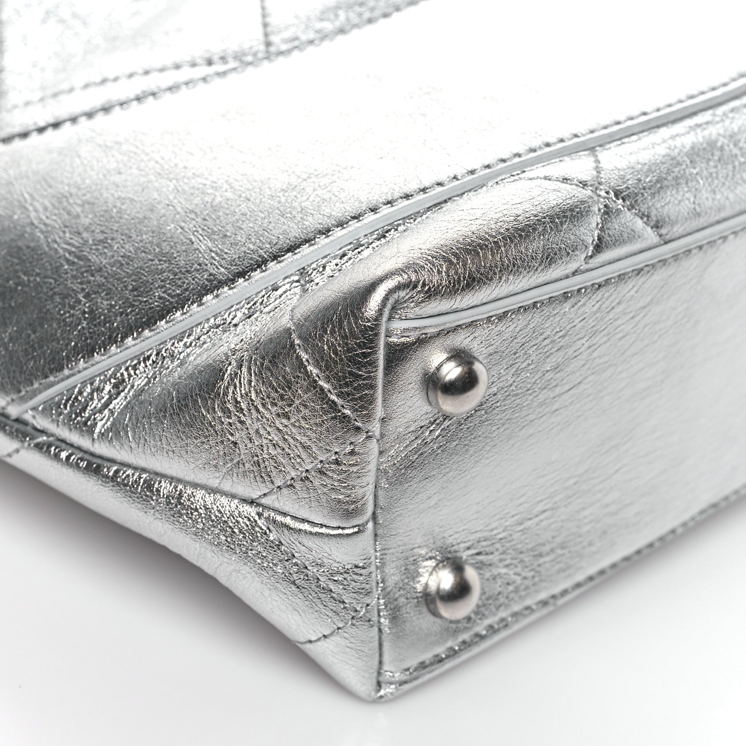 Metallic Calfskin Stitched CC Shopper Tote Silvery