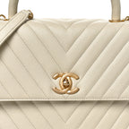 Caviar Chevron Quilted Medium Coco Handle Flap White