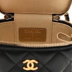 Lambskin Quilted Mini Pearl Crush Vanity Case With Chain Black