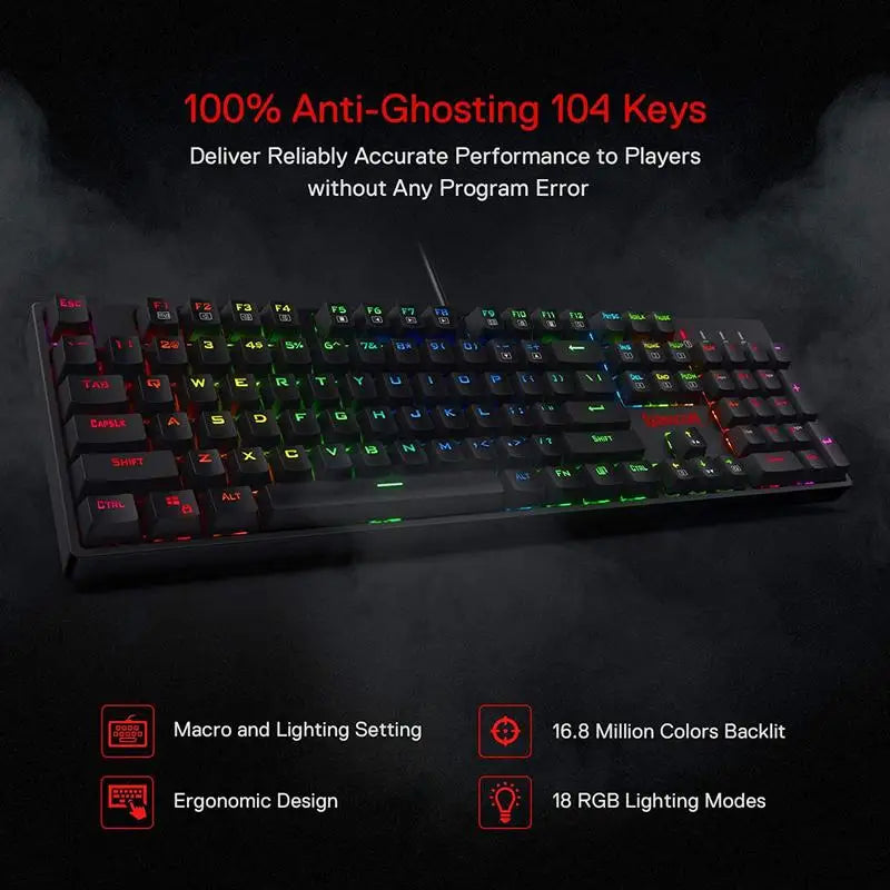 Redragon K582 SURARA RGB Mechanical Gaming Keyboard with 104 Linear Red Switches and Quiet Backlighting - Red Switch