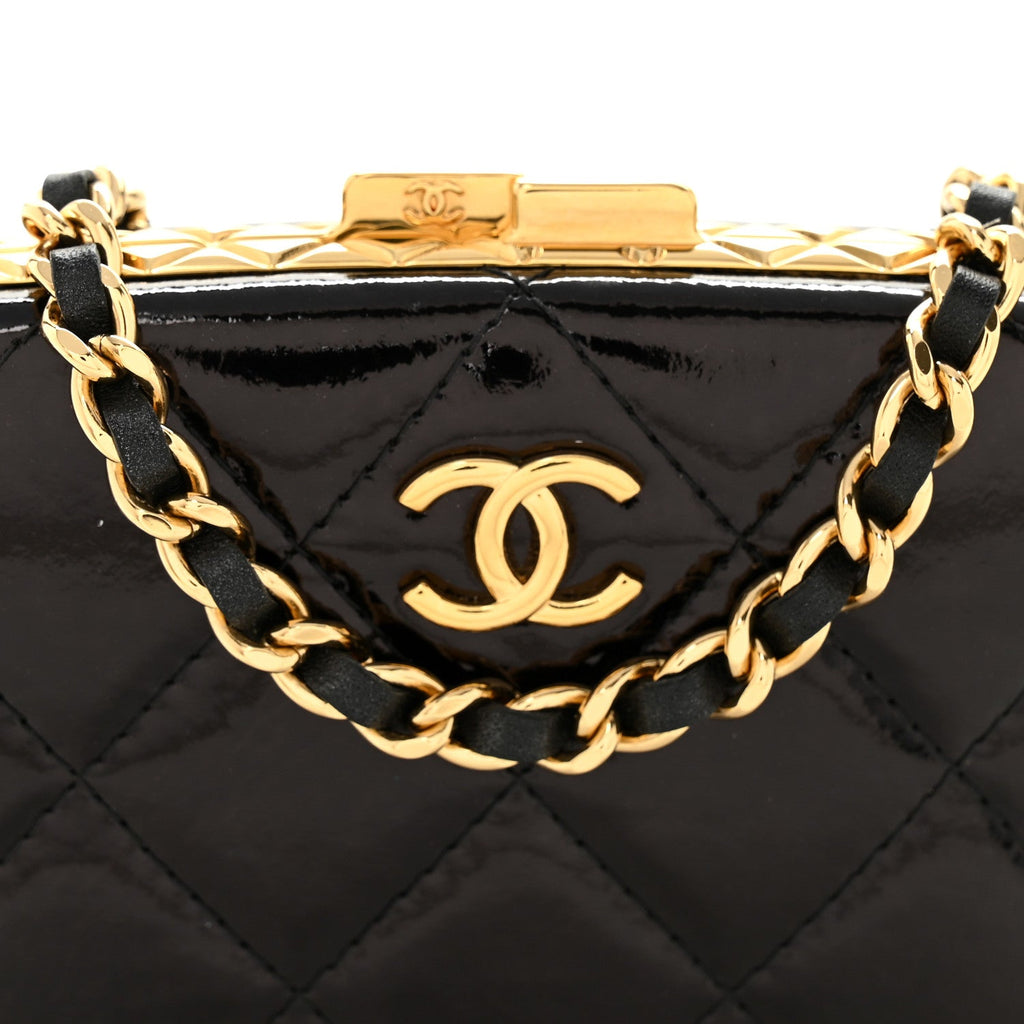 Glazed Goatskin Quilted Small Box With Chain Black