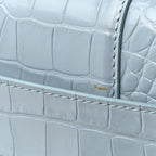 Shiny Calfskin Crocodile Embossed Small Hourglass Top Handle Bag Blue Grey
