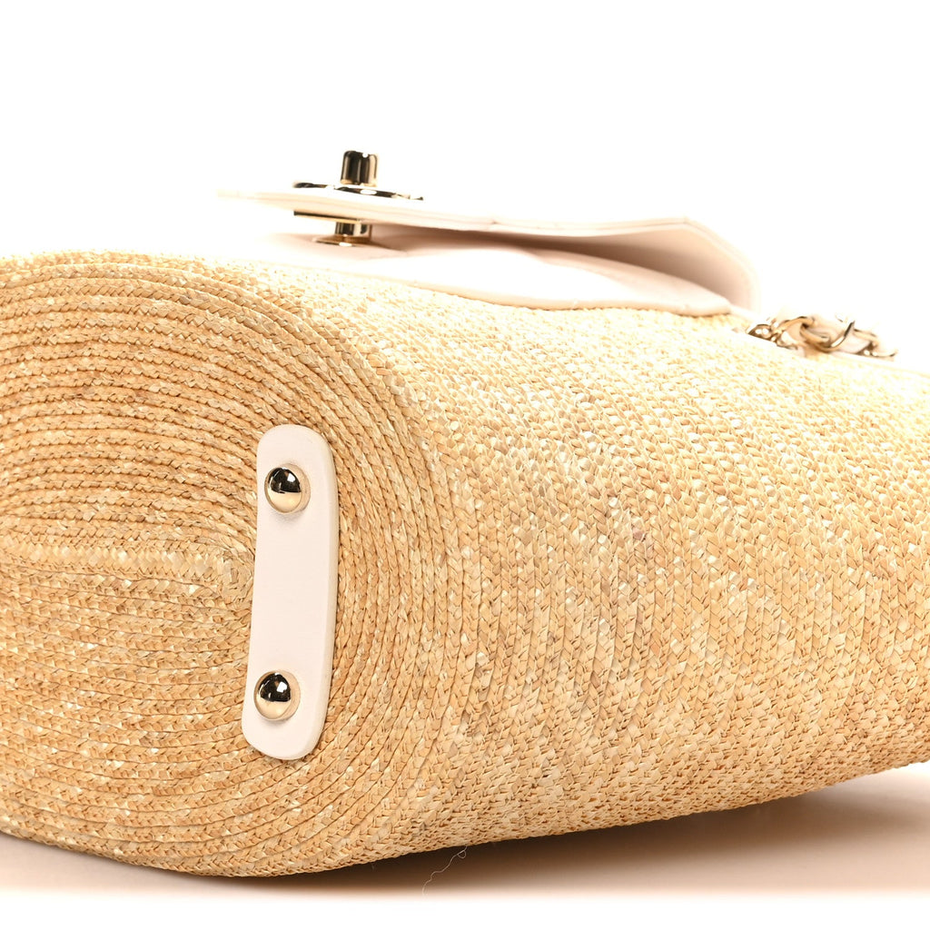 Raffia Braided Lambskin Small Shopping Tote Beige White