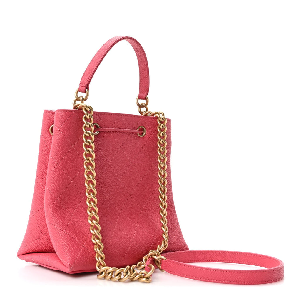 Caviar Quilted Fashion Therapy Bucket Drawstring Bag Dark Pink