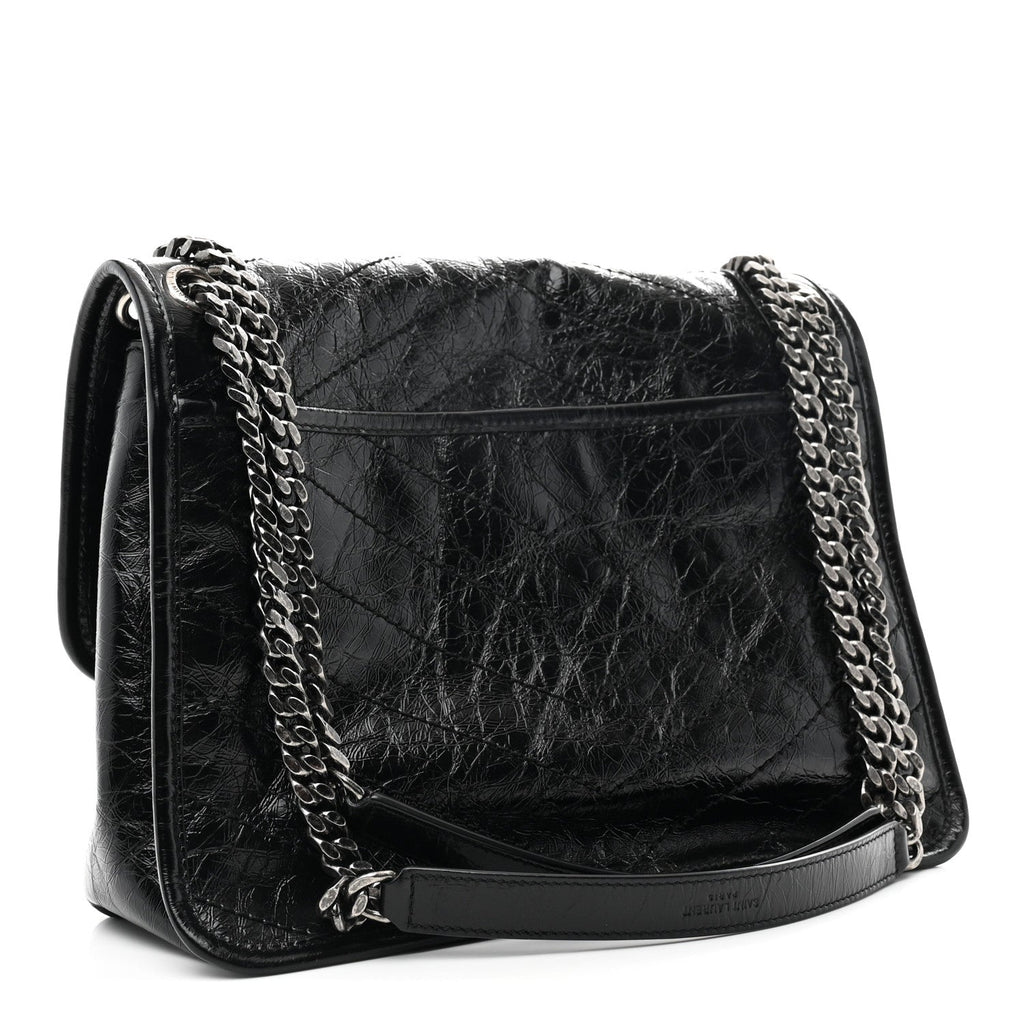 Crinkled Calfskin Matelasse Monogram Medium Niki Chain Satchel Black