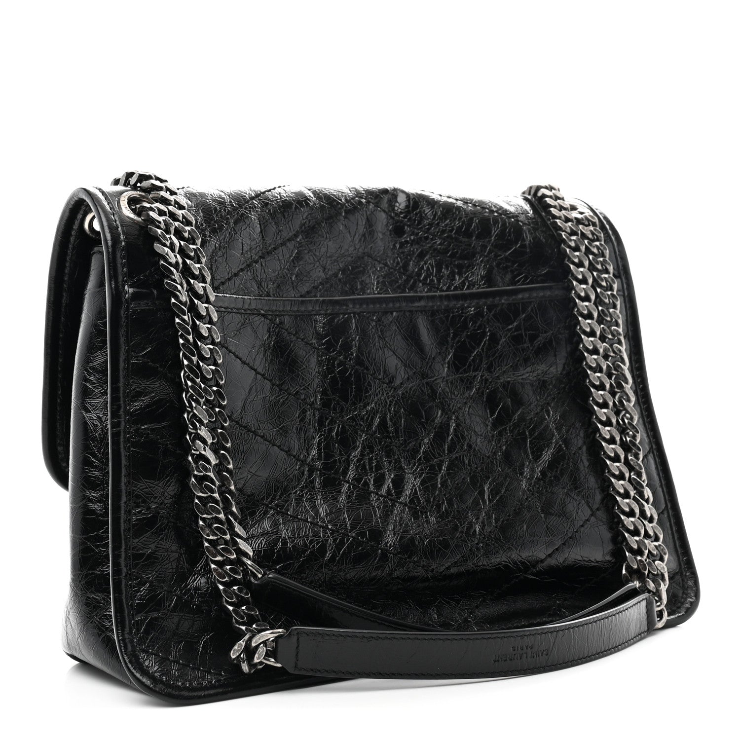 Crinkled Calfskin Matelasse Monogram Medium Niki Chain Satchel Black